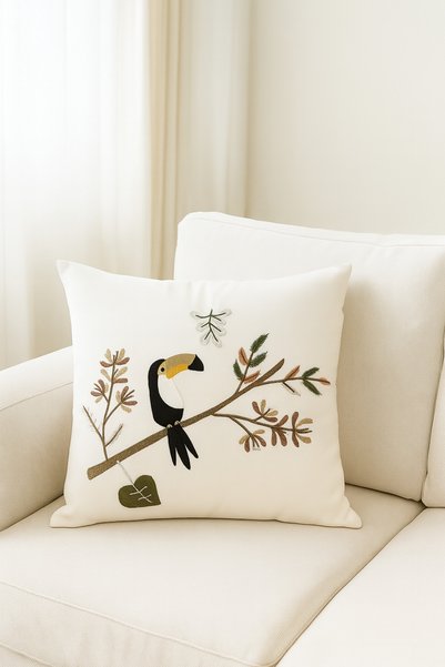 HD HOME COLLECTİON Bird Figure Embroidered Linen Punch and Embroidery Cushion Cover (Panç) 43*43 cm