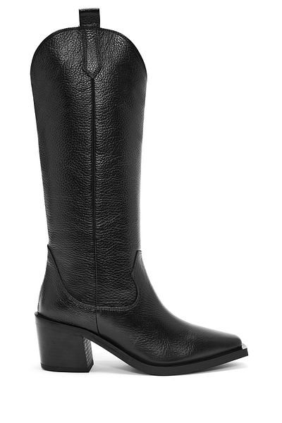 Derimod Women's Black Thick Heeled Leather Cowboy Boots 25Wfd1525Ft