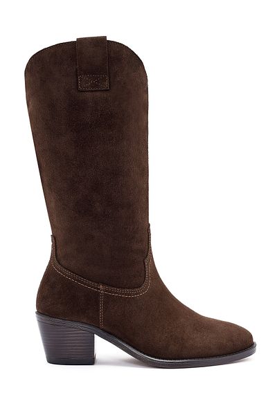 Derimod Women's Brown Thick Heeled Suede Leather Cowboy Boots 25Wfd140510