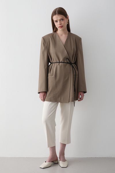JASTE Women's Double Breasted Belt Detailed Oversize Blazer Jacket