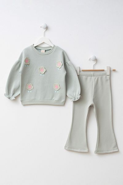 Minipodyum Girls' Bottom Top Set with Car Flower Embroidery Spanish Leggings