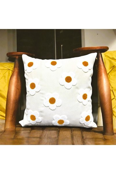 HD HOME COLLECTİON Linen Fabric Daisy Pattern Embroidered Punch Throw Pillow Cover (43*43 cm)