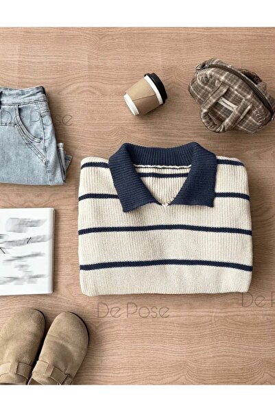 De Pose Ecru Bleumarin Selenic Tricotat Guler Polo supradimensionat Pulover Tricotat pentru femei