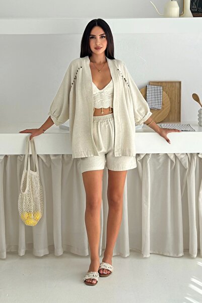 AsprinFashion Σετ με κορδόνια και σορτς με λεπτομέρειες από χάντρες Natural