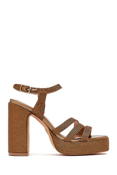 Derimod Women's Bronze Ankle Buckle High Thick Heeled Platform Straw Sandals 25Sfd4433M7