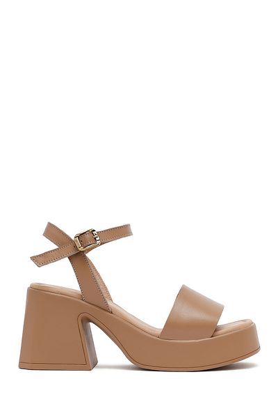 Derimod Women's Beige Ankle Buckle Thick Heeled Platform Leather Sandals 25Sfd131318