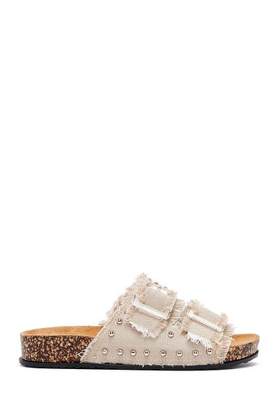 Derimod Women's Beige Stone Detailed Fabric Slippers 25Sfe40066F
