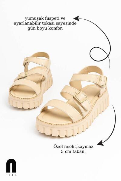 İmerShoes Casual Women's Beige Sandals Buckle High Thick Heeled Serrated Sole Banded 269