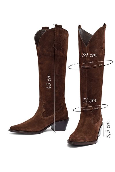 Derimod Women's Brown Thick Heeled Suede Leather Cowboy Boots 25Afd152910