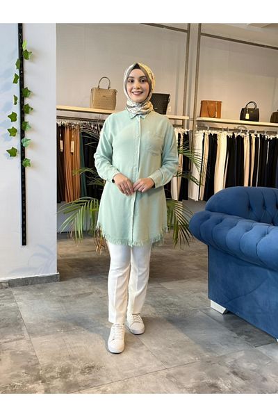 My Magazin Women's Green Snap Button Detailed Cotton Tunic 7267