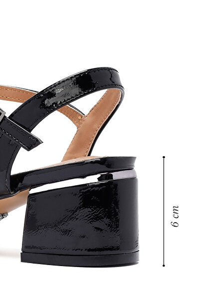 Derimod Women's Black Ankle Buckle Thick Patent Leather Heeled Sandals 25Sfe466416