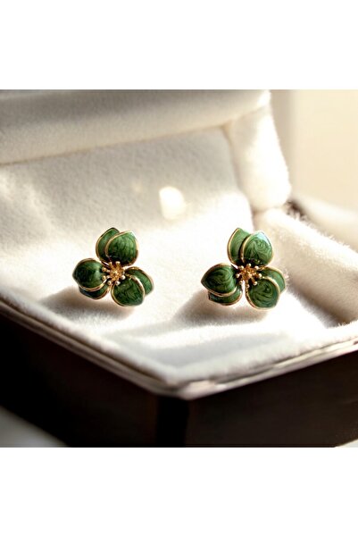 SNITCH GLOW 6 Yapraklı Yeşil Gold Detaylı Çiçek Küpe