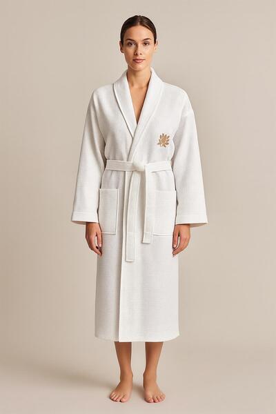 Ender Home Білий халат з вишивкою у вигляді квадратів, 100% бавовна