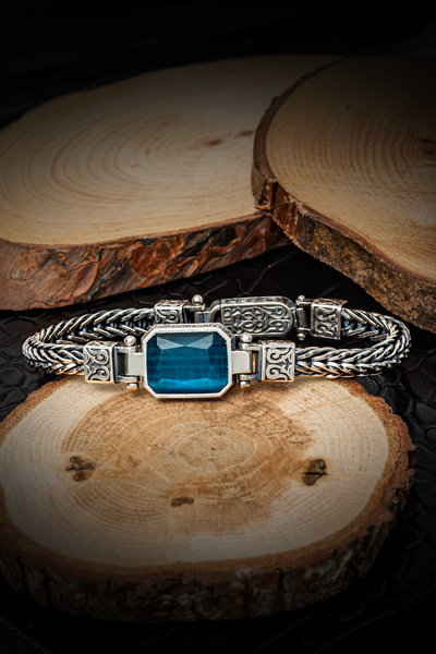 ALYANSEVİM Mavi Taşlı 925 Ayar Gümüş Erkek Bileklik