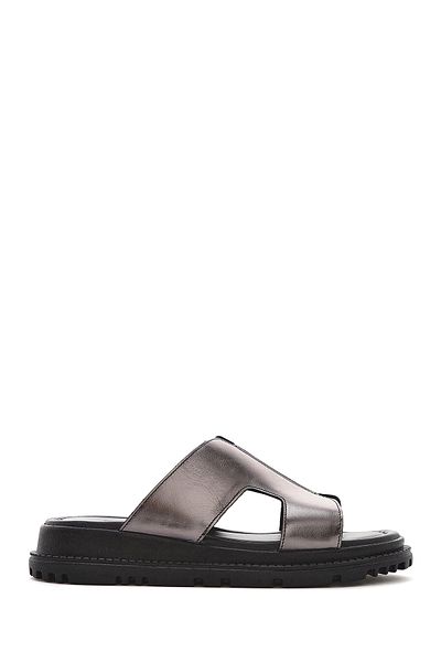 Derimod Women's Anthracite Thick Soled Metallic Leather Slippers 25Sfd300532