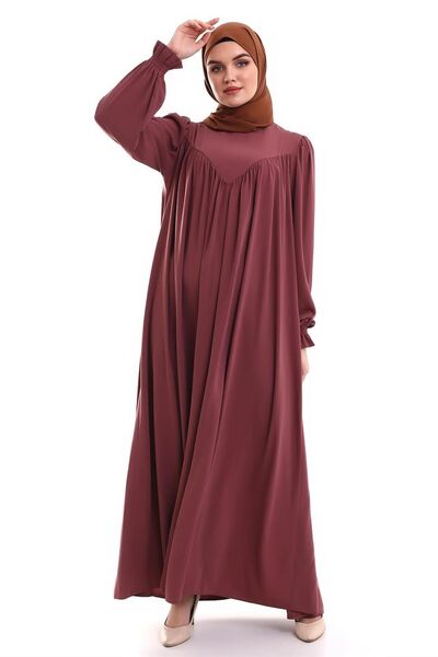 Berel Moda Robadan V Büzgülü Manşeti Lastikli Oversize V Roba Elbise Gül Kurusu