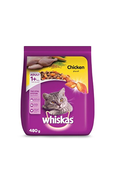 Whiskas طعام جاف بنكهة الدجاج للقطط البالغة من عمر سنة فما فوق، 480 جم، غني ب...