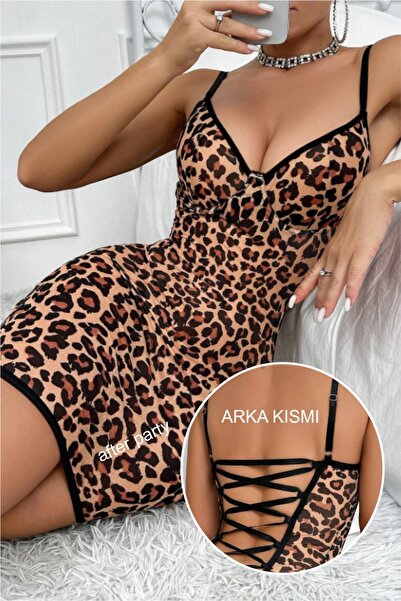 After Party Leopar Desenli Likralı Takım Gecelik