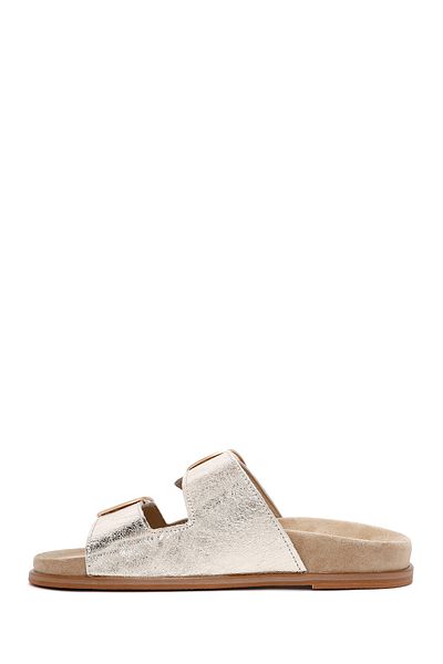 Derimod Women's Gold Buckle Metallic Leather Slippers 25Sfd200132