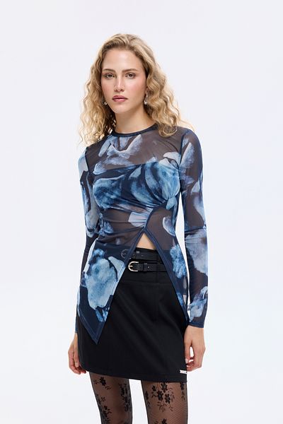 Quzu Watercolor Floral Patterned Asymmetrical Tulle Blouse Navy Blue