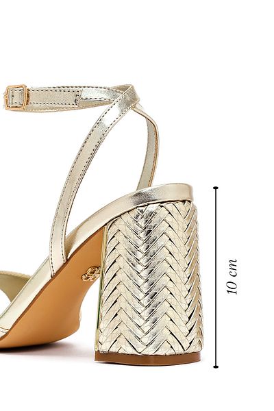 Derimod Women's Gold Ankle Buckle High Thick Heeled Metallic Sandals 25Sfe493332