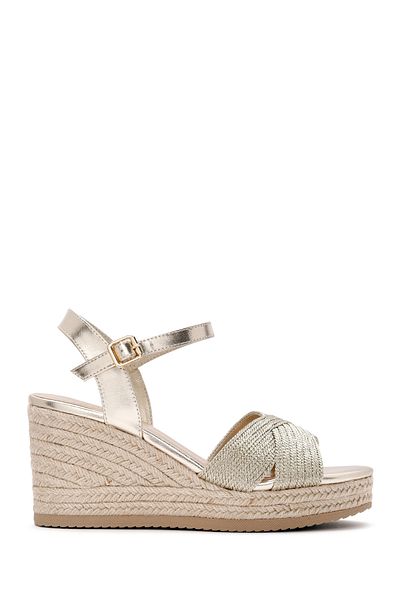 Derimod Women's Gold Ankle Strap Metallic Wedge Heeled Espadrille 25Sfe 480632