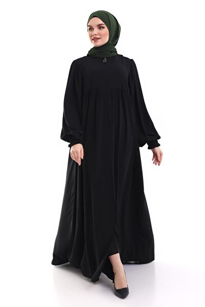 Berel Moda Roba Detaylı Balon Kollu Dökümlü Ponçik Ferace Siyah