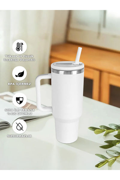 Stanley Quencher 40 Oz Uyumlu Pipetli Termos Sızdırmaz Kapak Seti Krem – Pipet Hediyeli