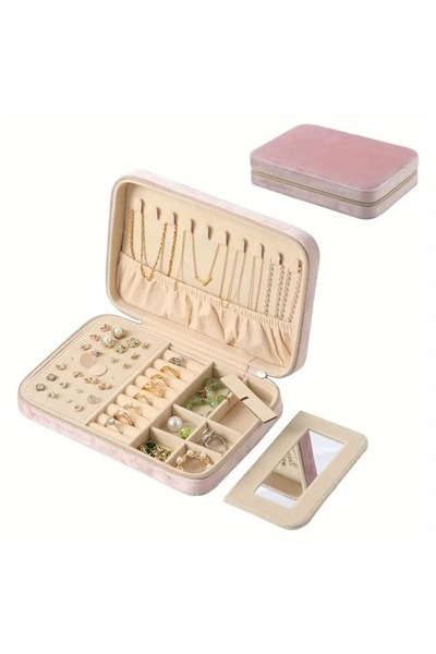 gaman Velvet Design Zipper Jewelry Box Travel Jewelry Box Jewelry Organizer Box with Mirror
