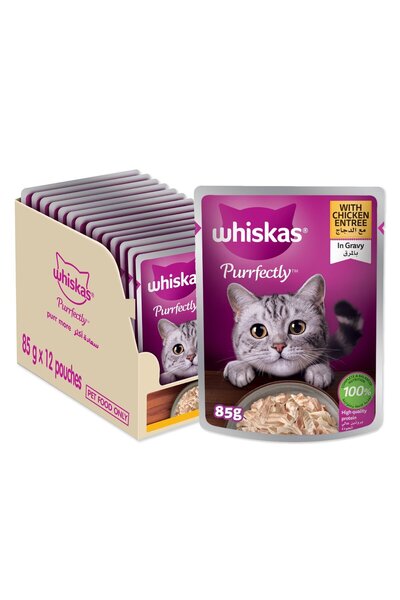 Whiskas طعام القطط Purrfectly مع طبق دجاج في المرق للأطفال بعمر سنة فما فوق، ...