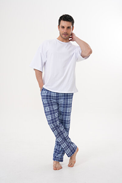 Arvin Unisex Pamuklu Cepli Ekose Baskılı Beli Lastikli Pijama Altı Mavi 11