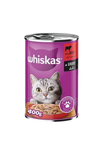 Whiskas طعام القطط المعلب باللحم البقري في المرق للقطط البالغة من عمر سنة فما فوق، 400 جرام، طعام رطب غني بالبروتين للوجبة اليومية