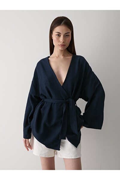 Laluvia Sötétkék pamut gombos részletes öves vászon kimonó