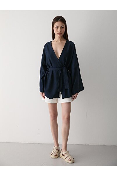 Laluvia Sötétkék pamut gombos részletes öves vászon kimonó