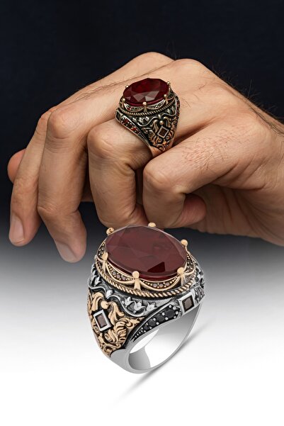 ALYANSEVİM Oval Kırmızı Paraiba Taşlı 925 Gümüş Erkek Yüzük