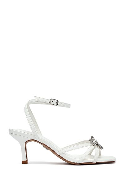 Derimod Women's White Ankle Buckle Stone Thin Short Heeled Shoes Sandals 25Sfe481818