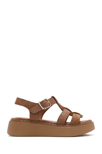 Derimod Women's Powder Ankle Buckle Thick Soled Suede Genuine Leather Comfort Sandals 25Sfd343010