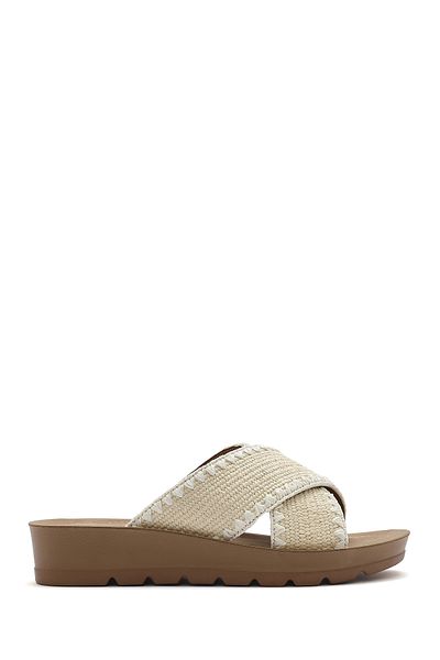 Derimod Women's Beige Thick Soled Straw Slippers 25Sfe4639M7