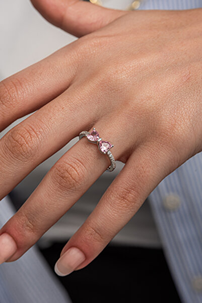 ALYANSEVİM Pembe Taşlı Kalpli 925 Gümüş Yüzük Kadın