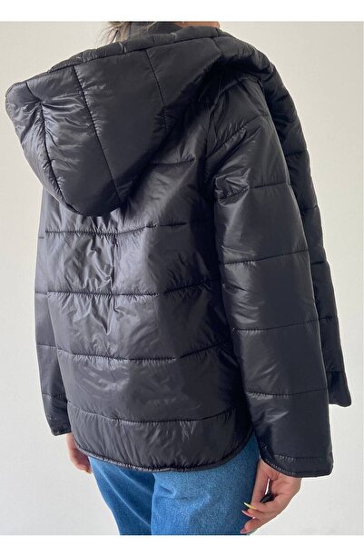 lovebox Women's Hooded Pocket Detailed Black Puffer Coat 200