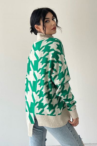 WOMAN VISION Turtleneck Geometric Patterned Oversize Knitwear Sweater - 193