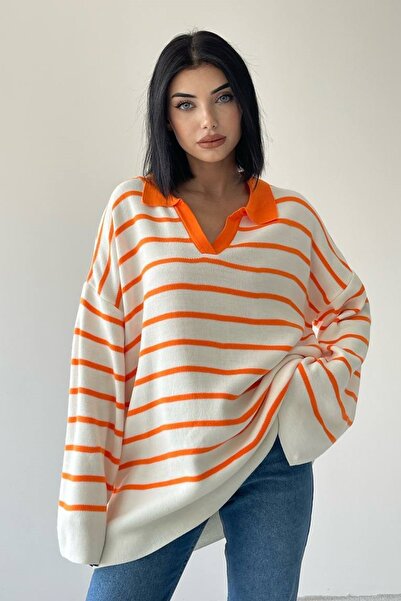 WOMAN VISION Tricotaj de design pentru femei, țesătură cu decolteu în V, model în dungi, cu mâneci liliac, pulover portocaliu oversize 196