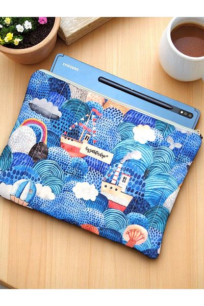 Ayza Stüdyo Ship in the Sea Patterned Tablet Bag, 10-12 Inch Compatible Fluffy iPad Bag