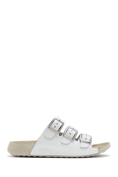 Derimod Women's White Buckle Leather Comfort Slippers 25Sfd 500118