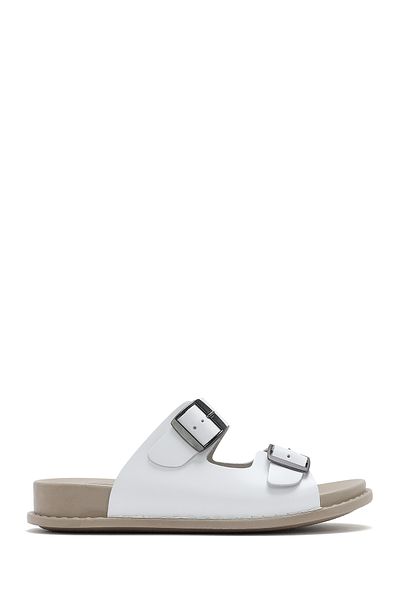Derimod Women's White Double Buckle Leather Comfort Slippers 25Sfd 500018