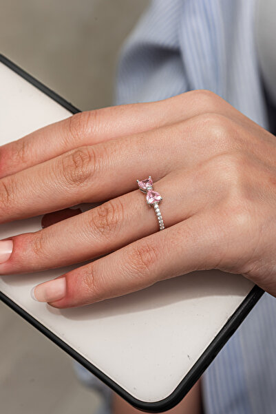 ALYANSEVİM Pembe Taşlı Kalpli 925 Gümüş Yüzük Kadın