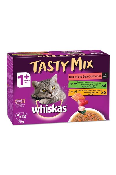 Whiskas طعام القطط الرطب اللذيذ من مجموعة مزيج البحر في المرق للقطط البالغة ب...
