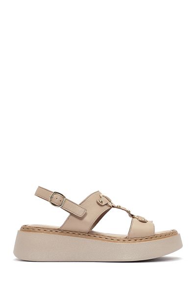 Derimod Women's Cream Ankle Buckle Thick Soled Genuine Leather Comfort Sandals 25Sfd342518