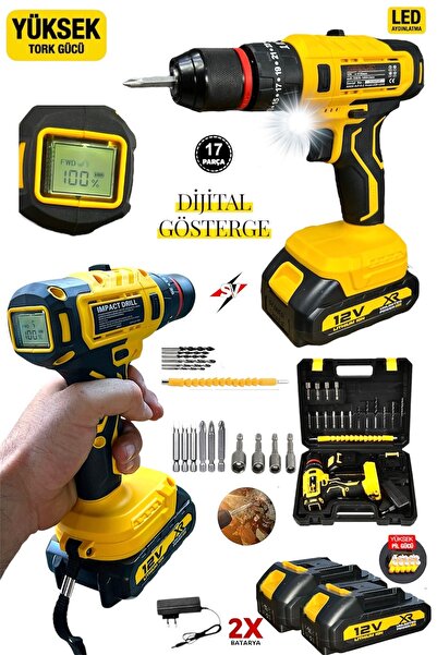 STANVOLT Çift Akülü Darbeli Şarjlı Matkap Dijital Göstergeli Akülü Vidalama 12V