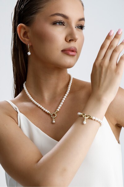 Birinci1926 925 Ayar Gümüş Halka Kilitli Doğal Inci Küpe Bileklik Ikili Set